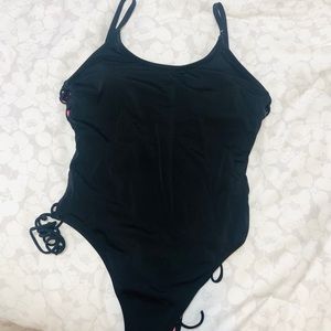 PINK black one piece with crisscross details